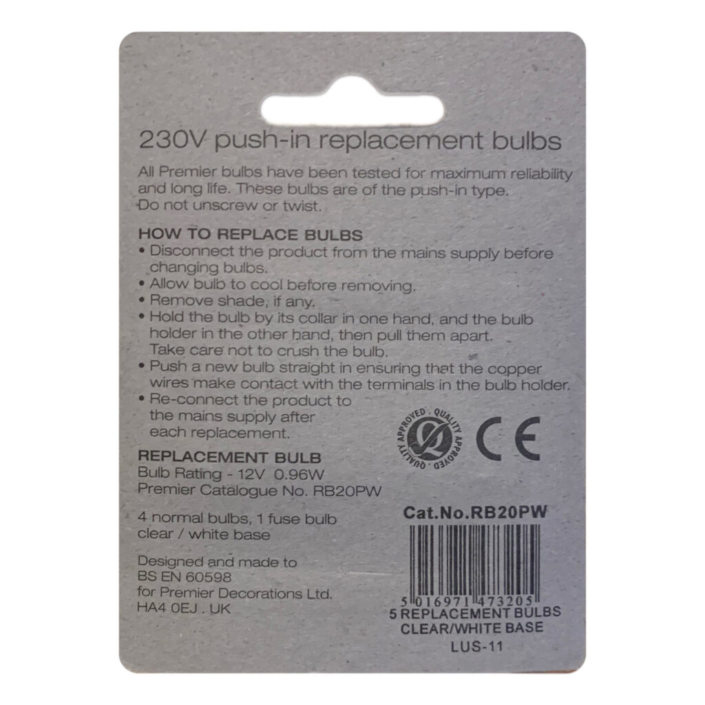 12V 0.96W RB20PW 5 Pack Clear Replacement Christmas Light Bulbs White