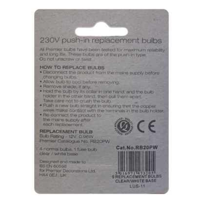 12V 0.96W RB20PW 5 Pack Clear Replacement Christmas Light Bulbs White Push in tab Base - Image 2
