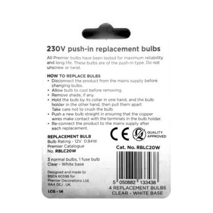 12V 0.84W RBLC20W 4 Pack Clear Replacement Christmas Light Bulbs White Push in tab Base - Image 2