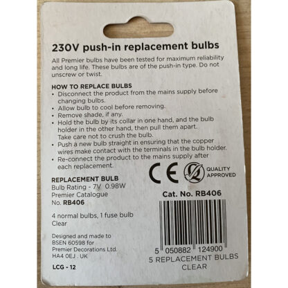 RB406 Premier 7V 0.98W Pack of 5 Replacement Light Bulbs Push in Base Christmas - Image 2